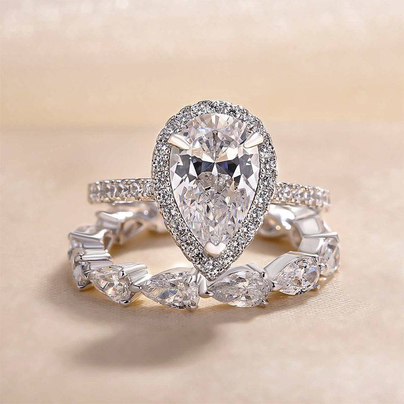 Halo Pear Cut Wedding Ring Set In Sterling Silver