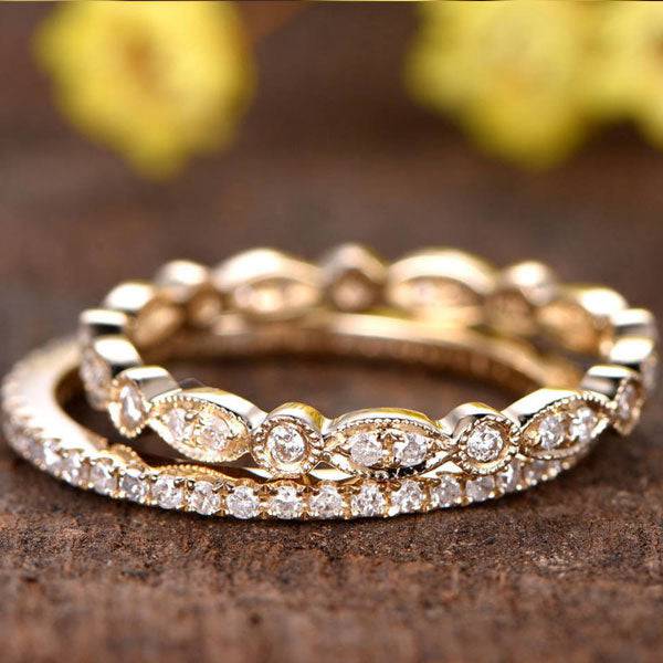 Yellow Gold Full Eternity Art Deco Stackable Wedding Band Set