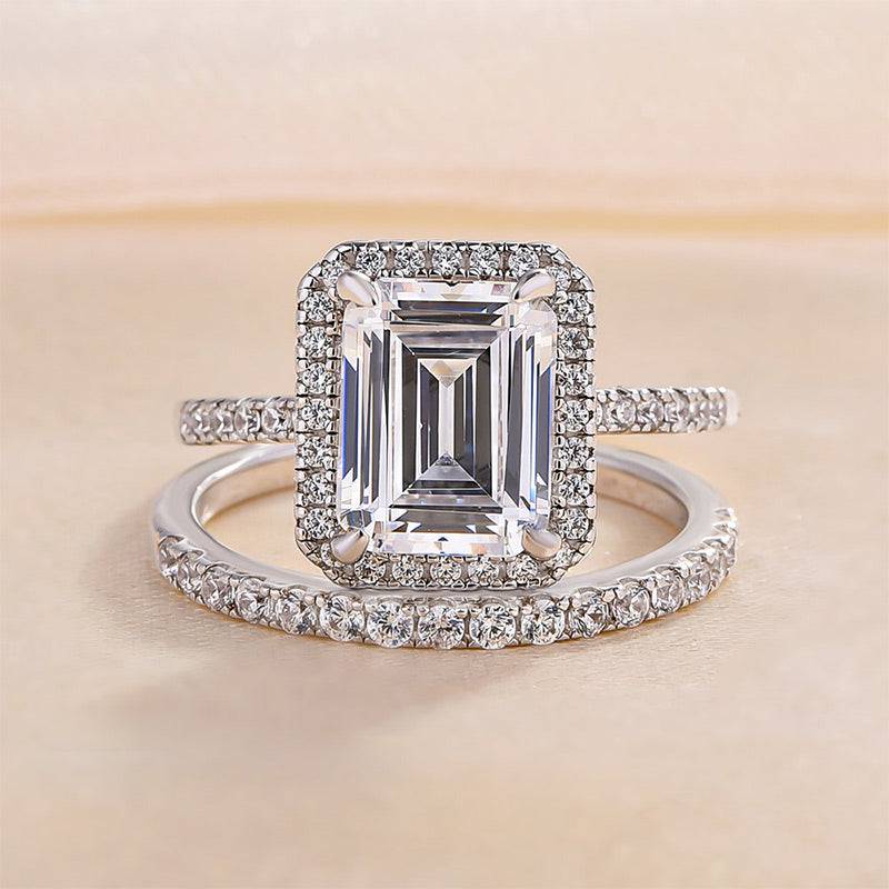 Halo Emerald Cut Wedding Ring Set In Sterling Silver