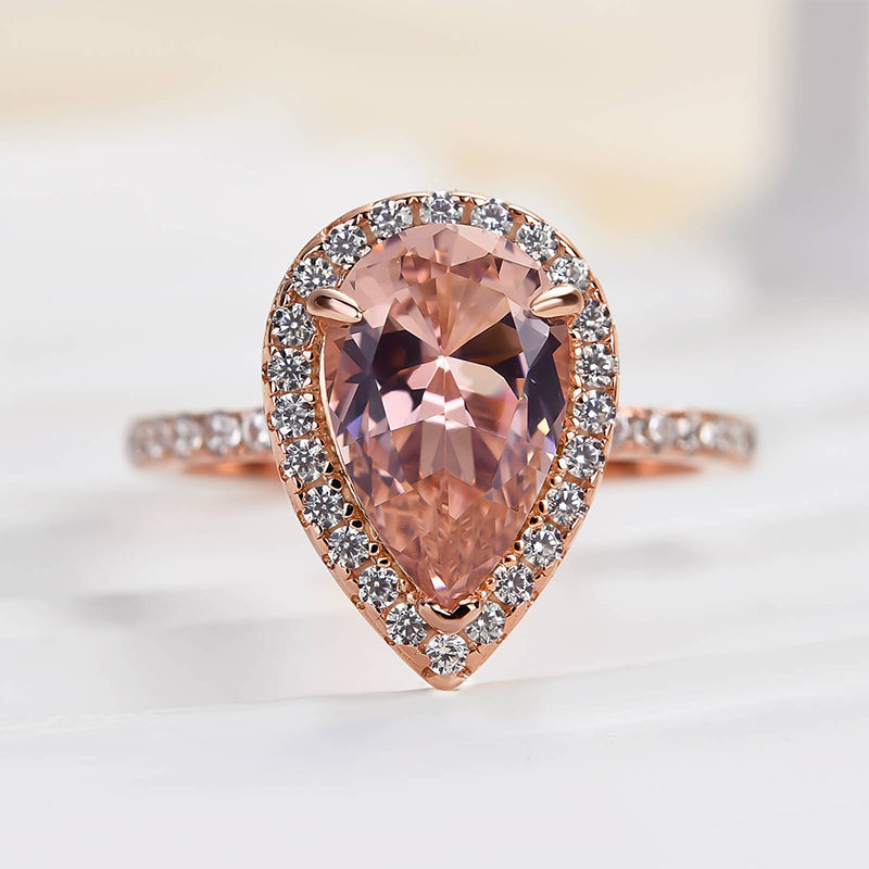 Rose Gold Halo Pear Cut Synthetic Morganite Engagement Ring