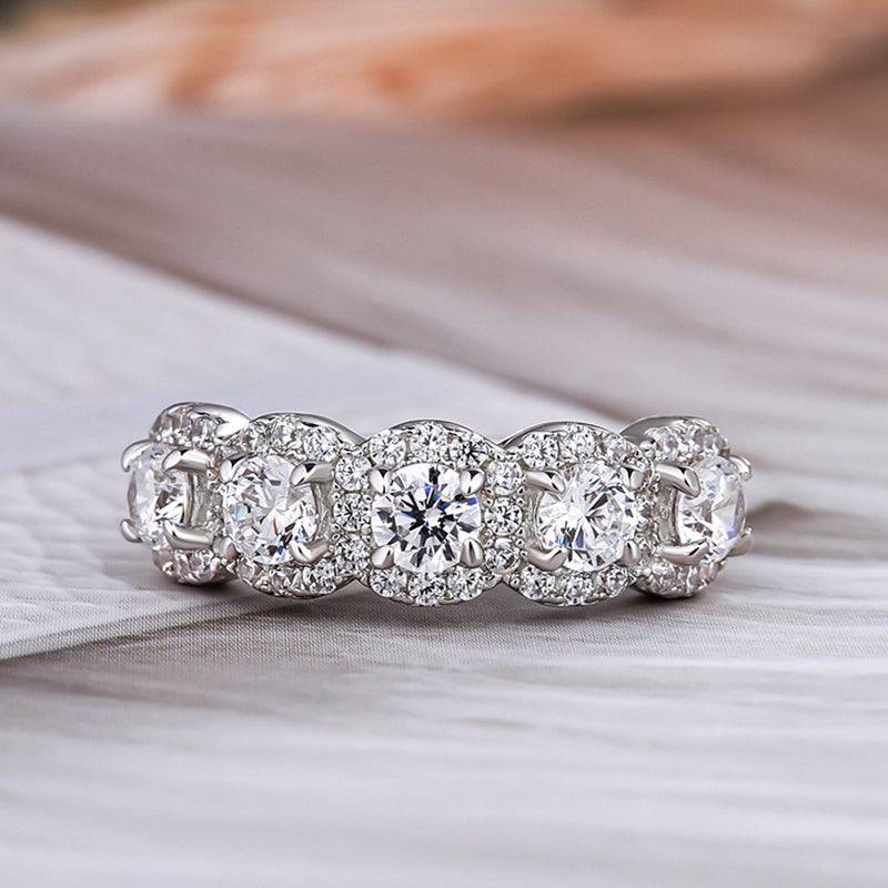Fashion Halo Five Stone Anniversary Ring In Sterling Silver