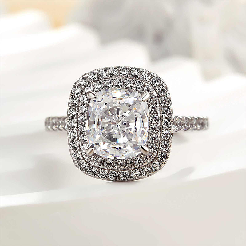 Double Halo Cushion Cut Engagement Ring In Sterling Silver
