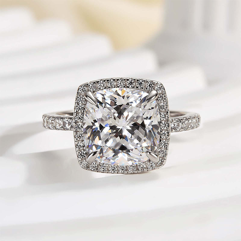 Halo Cushion Cut Engagement Ring In Sterling Silver