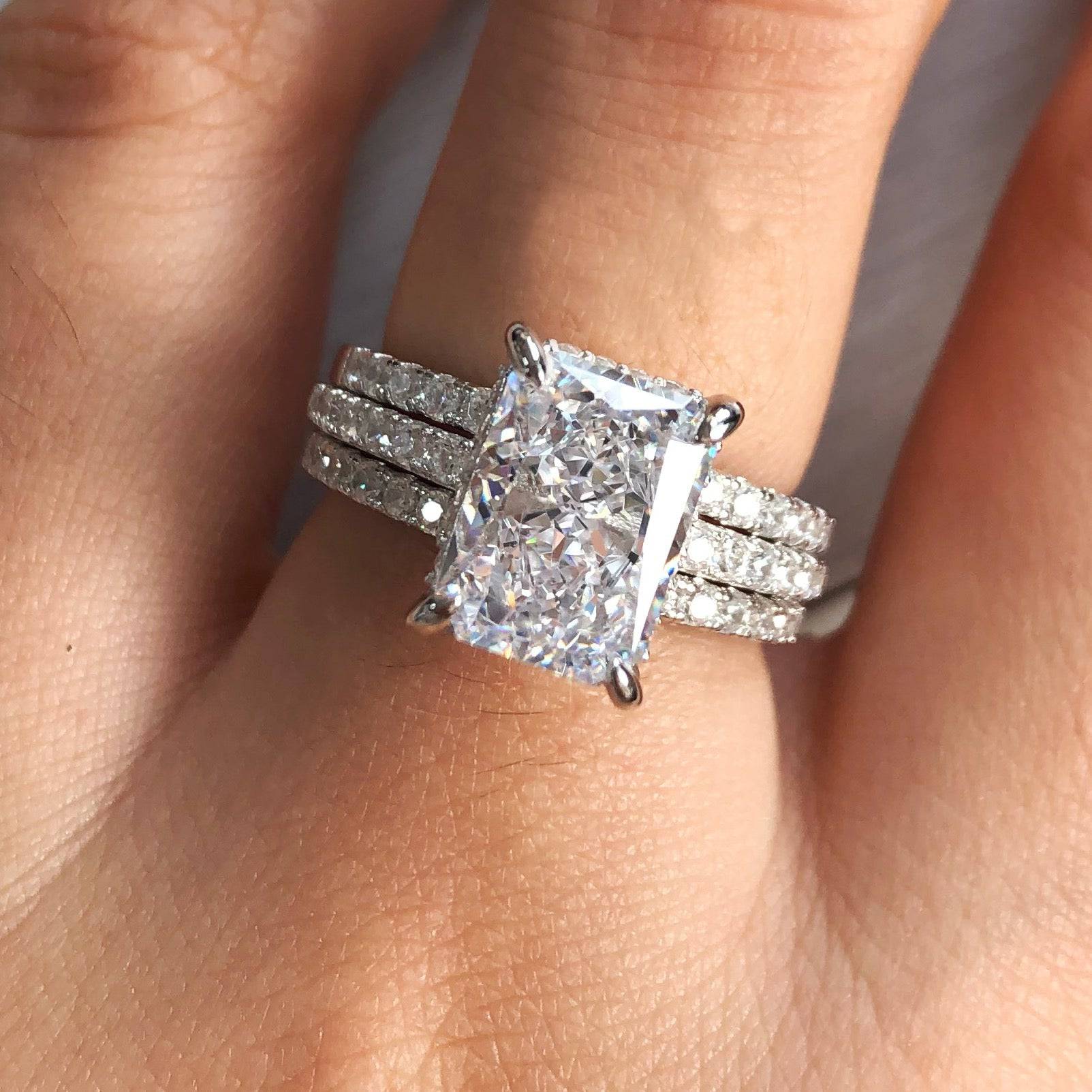 Radiant Cut White Stone 3PC Wedding Set In Sterling Silver