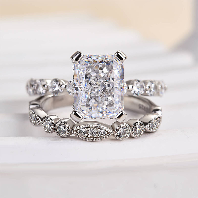 Vintage Art Deco Radiant Cut Wedding Ring Set In Sterling Silver