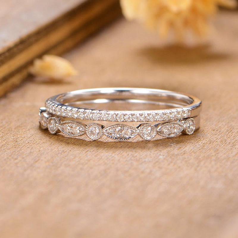 Stackable Art Deco Half Eternity Women's Wedding Band Set In Sterling Silver